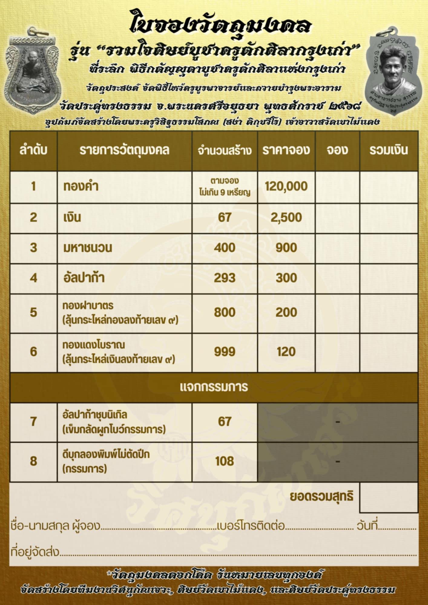 ใบรายการ เหรียญรวมใจศิษย์กตัญญุตาบูชาครู วัดประดู่ทรงธรรม ตักศิลาแห่งภาคกลาง ตักศิลาแห่งสยามประเทศ