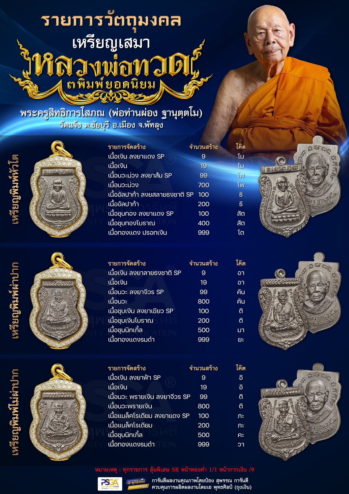 เหรียญเสมา หลวงปู่ทวด พิมพ์ยอดนิยม ๓ พิมพ์ ที่ระลึกอายุวัฒนมงคล ๙๔ ปี พ่อท่านผ่อง ฐานุตฺตโม วัดแจ้ง งานฉลองอายุวัฒนมงคล ประจำปี ๒๕๖๙